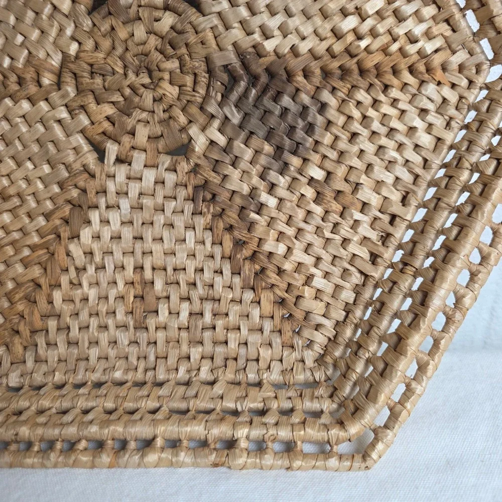 Vintage Hexagonal Handwoven Wicker Wall Basket Tray Natural Fiber Sunburst Boho